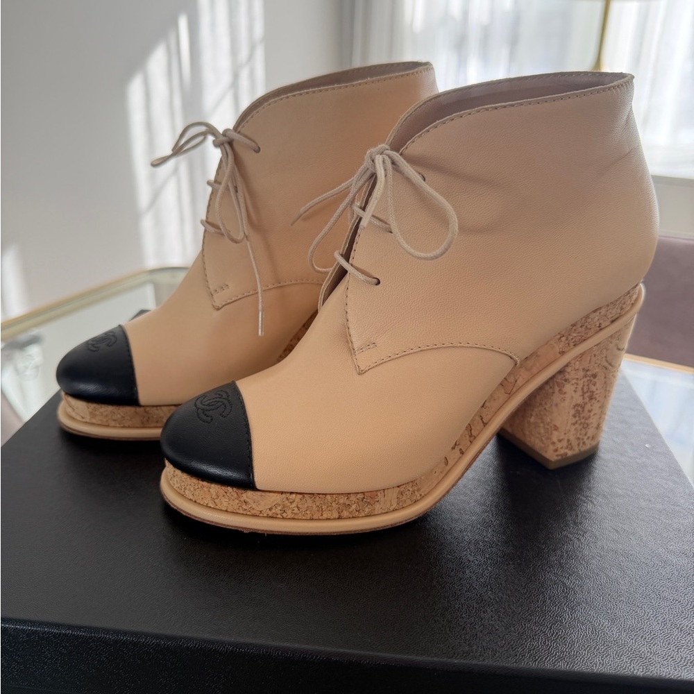 Chanel Cork Lace Up Booties